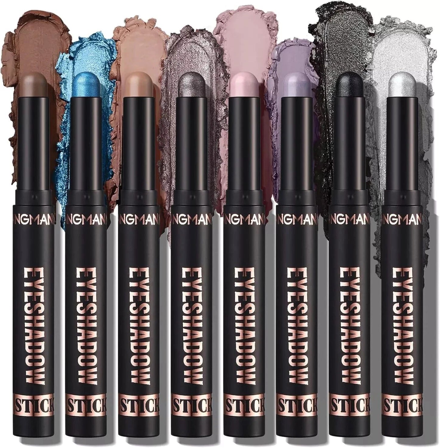 Set of eight eyeshadow sticks with swatches on a white background