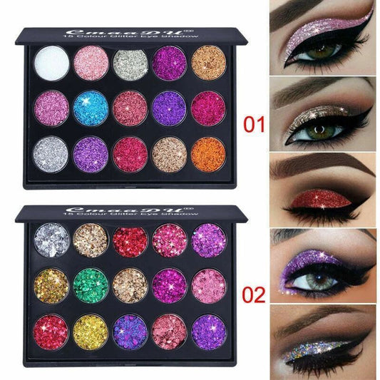 5 Color Glitter Eyeshadow Palette featuring Kit 01 fine shimmer shades and Kit 02 chunky sparkle shades for glam and festival makeup looks