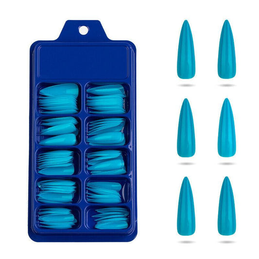 A blue plastic nail tip tray holding multiple stacks of bright turquoise-blue nail tips, shown next to six individual matching nail tips on a white background.