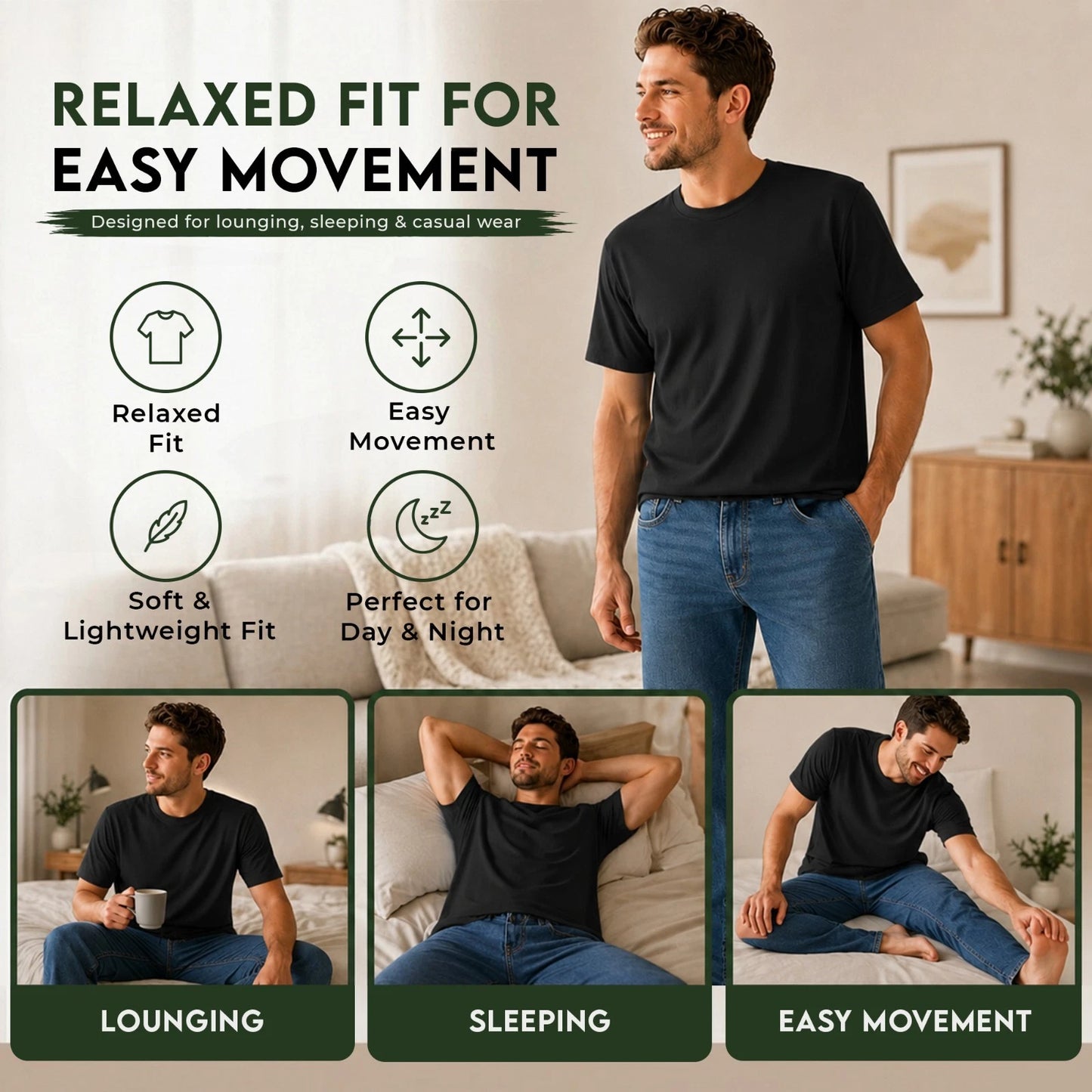 Men's 5-Pack Plain Black T-Shirts | 100% Cotton Crew Neck Tees