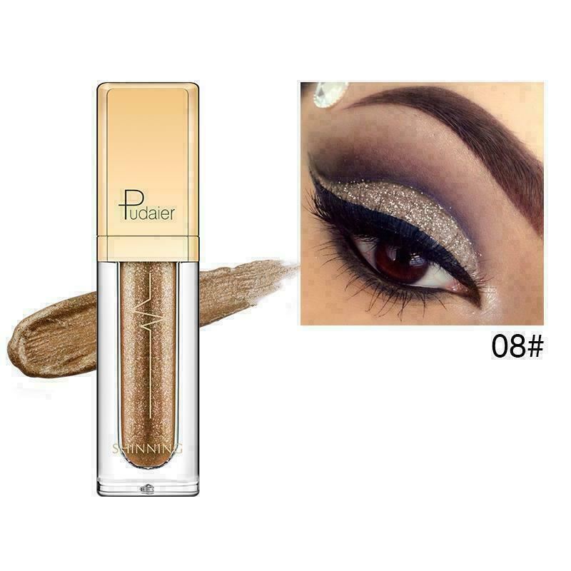 Pudaier Shinning liquid eyeshadow in shade 08#, showing the clear tube with gold cap and a swatch of shimmering gold-brown shadow, alongside a close-up of an eye wearing the glittering makeup.