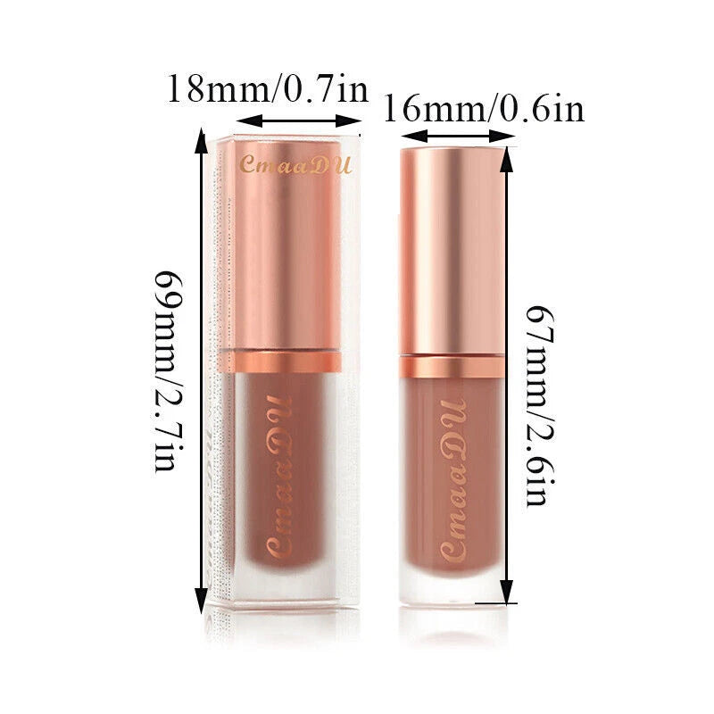 Two lip gloss tubes on a white background with dimension arrows and text showing 18mm width and 69mm/67mm height measurements. The tubes have rose-gold caps, frosted clear sides, and nude pink-brown gloss visible inside.