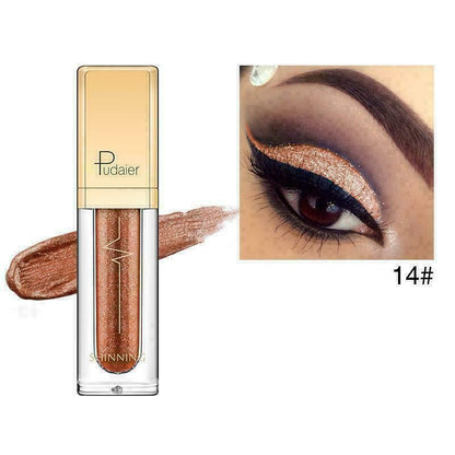 Pudaier Shinning liquid eyeshadow in shade 14#, showing the clear tube with metallic bronze shimmer, a swatch of the product, and an eye makeup close-up demonstrating the applied glittery eyeshadow.