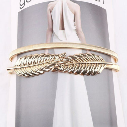 Women Leaf Buckle Elastic Skinny Belt | Gold & Silver Stretch Belt