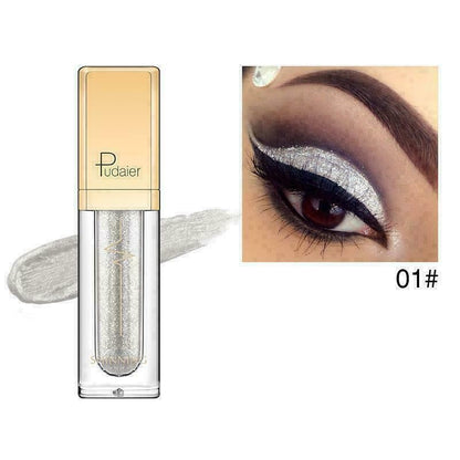 Pudaier glitter eyeshadow stick in shade 01#, shown with its gold cap and clear tube containing silver glitter, alongside a silver swatch and an eye makeup close-up demonstrating the applied effect.