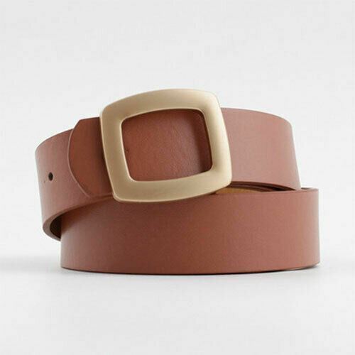 Brown leather belt with a beige buckle on a light gray background