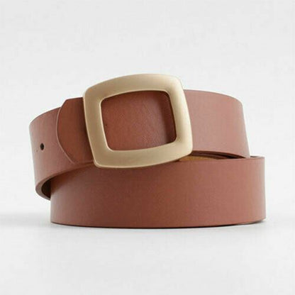 Brown leather belt with a beige buckle on a light gray background