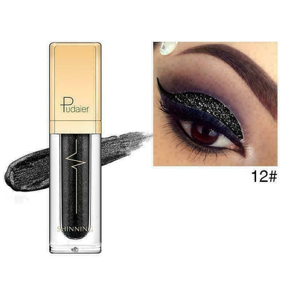Pudaier Shinning black glitter liquid eyeliner shown in a clear tube with a gold cap, alongside a black swatch and an inset close-up of an eye wearing the glittery black eye makeup.