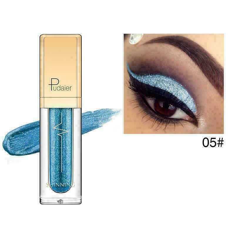 Blue eye makeup product with Pudaier branding and an inset of an eye with blue eyeshadow.