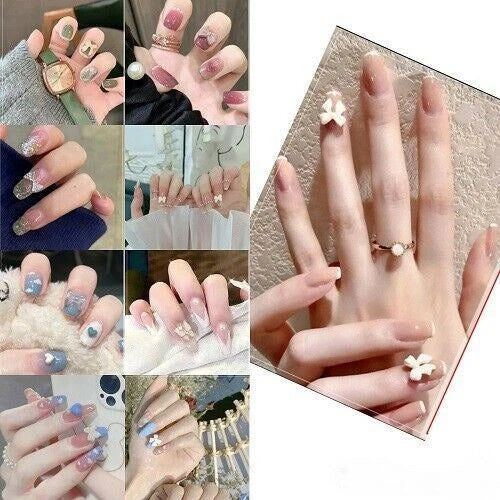 A collage of multiple hands showing different nail art designs and manicure styles, including sheer nude, glittery silver, pastel blue, and floral white designs, alongside a large close-up of a hand with a gold ring and white flower nail detail.