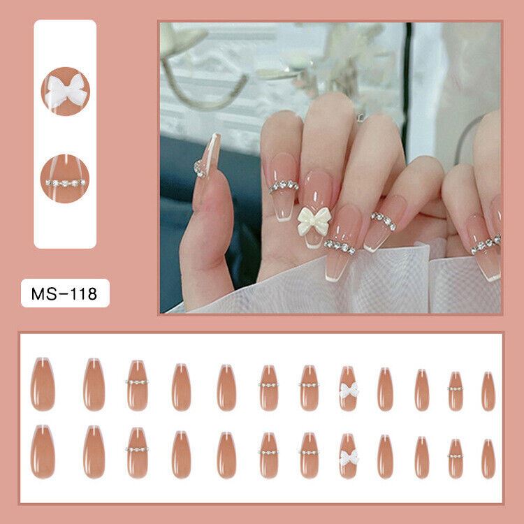 Nail sticker set MS-1118 with almond-shaped nude tips, featuring white bow and pearl bead designs, shown both as individual pieces and applied to a hand.
