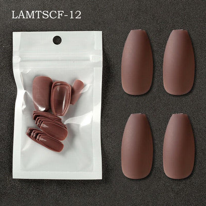 24 Pcs Coffin French Press On Nails - Medium Acrylic False Nails Full Cover Kit