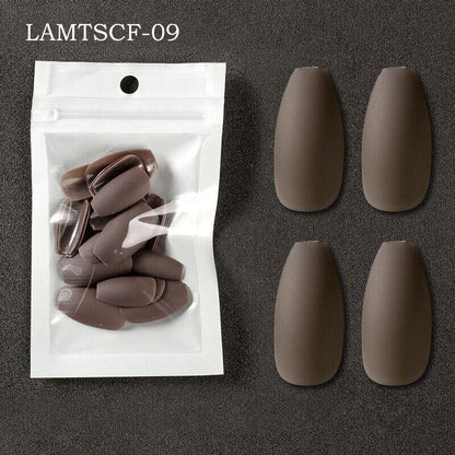 24 Pcs Coffin French Press On Nails - Medium Acrylic False Nails Full Cover Kit