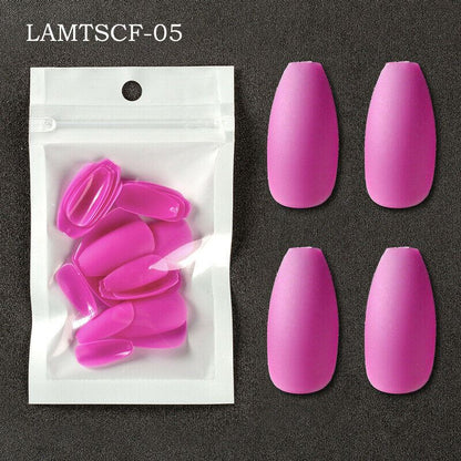 Pink coffin-shaped nail tips shown both inside a small clear plastic bag and as four loose pieces on a dark textured background, with the text LAMTSCF-05 in the top left.