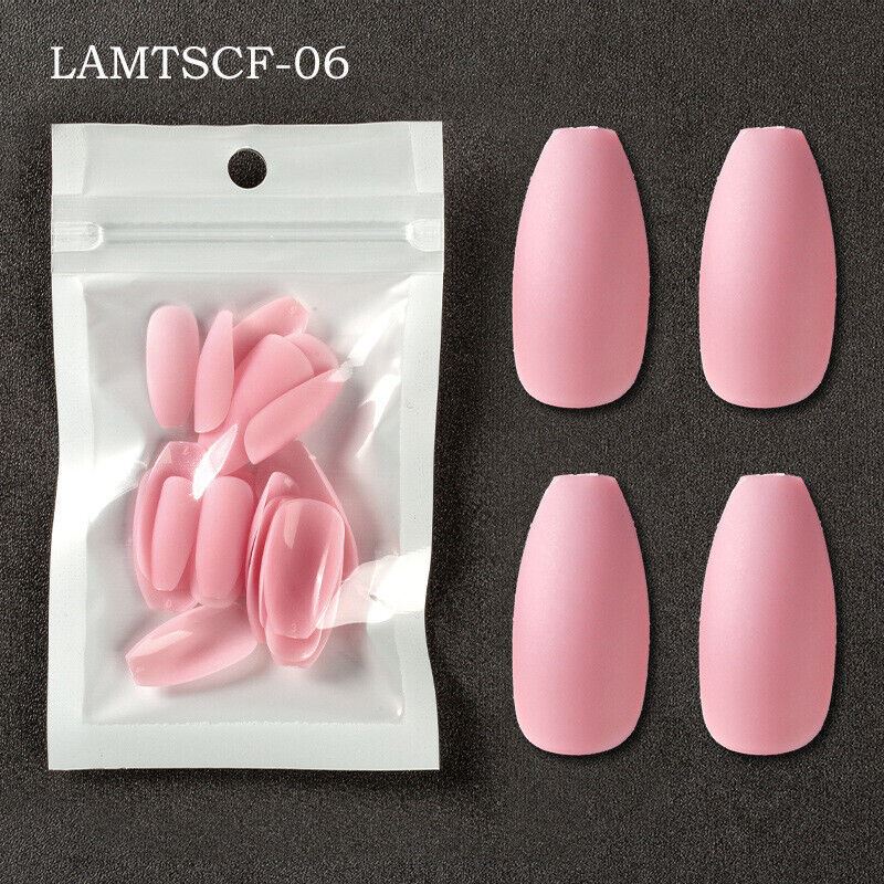 Pink coffin-shaped press-on nails shown both inside a clear resealable pouch and as four loose nails arranged on a dark textured background. Text in the top left reads LAMTSCF-06.