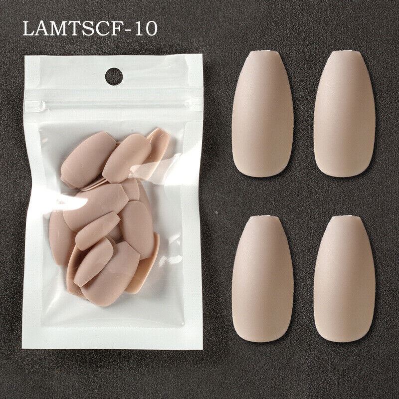 Nude-colored false press-on nails shown both inside a clear resealable pouch and as a pair of larger sample views on a dark textured background. Text in the top left reads LAMTSCF-10.