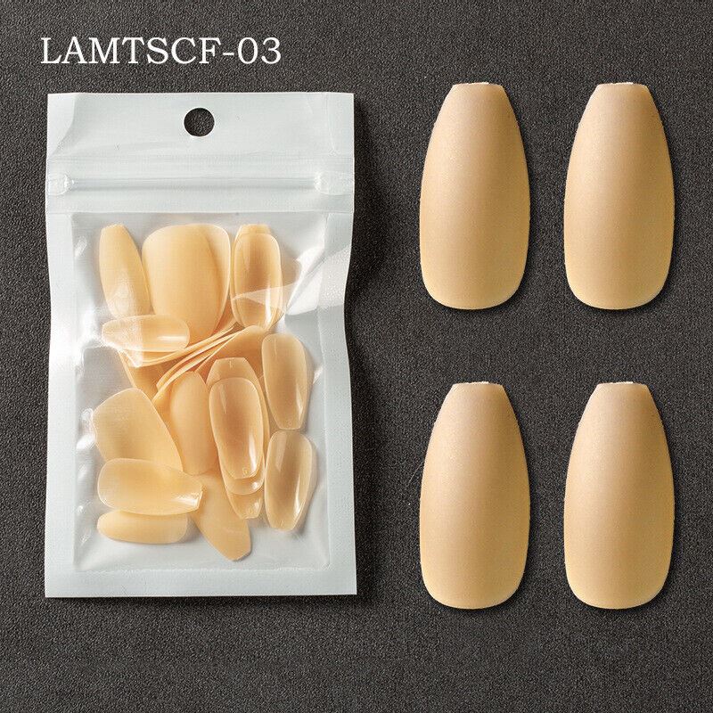 A set of natural skin-tone press-on nails shown both inside a clear resealable pouch and as four individual false nails arranged on a dark gray textured background. Text in the top left reads 'LAMTSCF-03'.