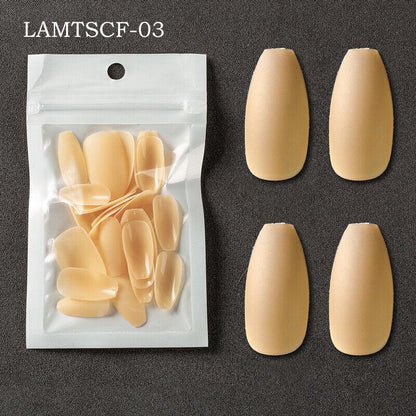 A set of natural skin-tone press-on nails shown both inside a clear resealable pouch and as four individual false nails arranged on a dark gray textured background. Text in the top left reads 'LAMTSCF-03'.