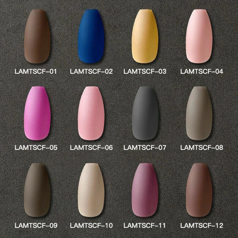 A 12-color nail polish swatch grid showing almond-shaped false nails in various shades, labeled LAMTSCF-01 to LAMTSCF-12 on a dark textured background.
