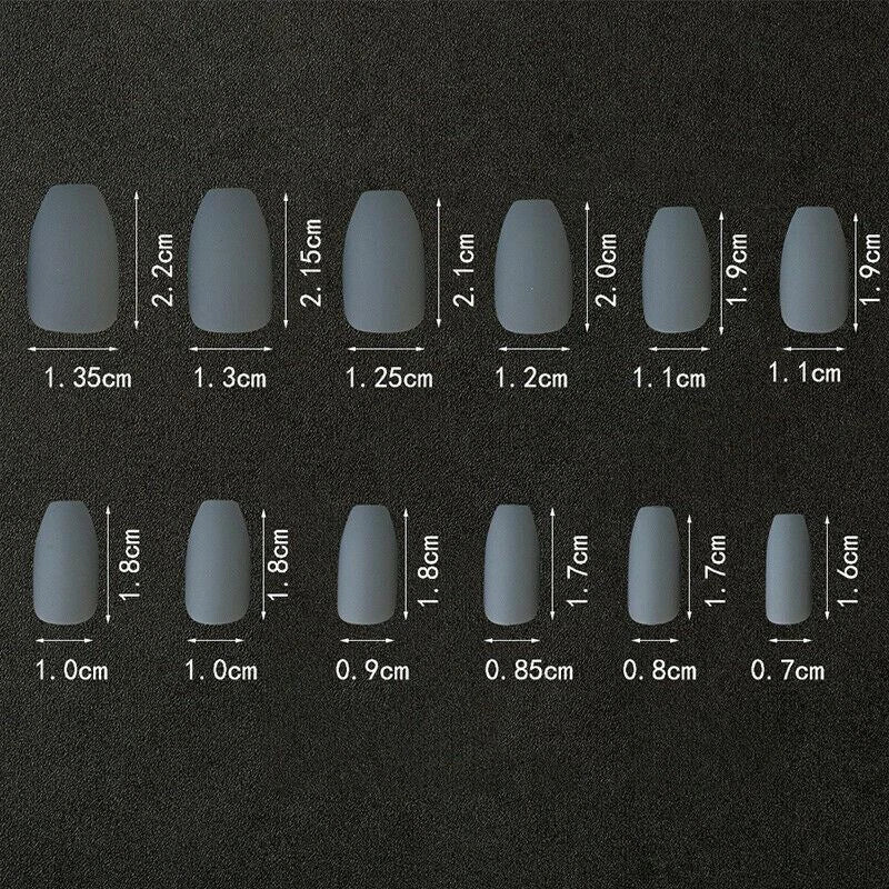 A size chart showing different coffin-shaped press-on nails with labeled width and height measurements on a dark textured background.