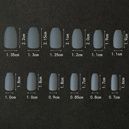 A size chart showing different coffin-shaped press-on nails with labeled width and height measurements on a dark textured background.