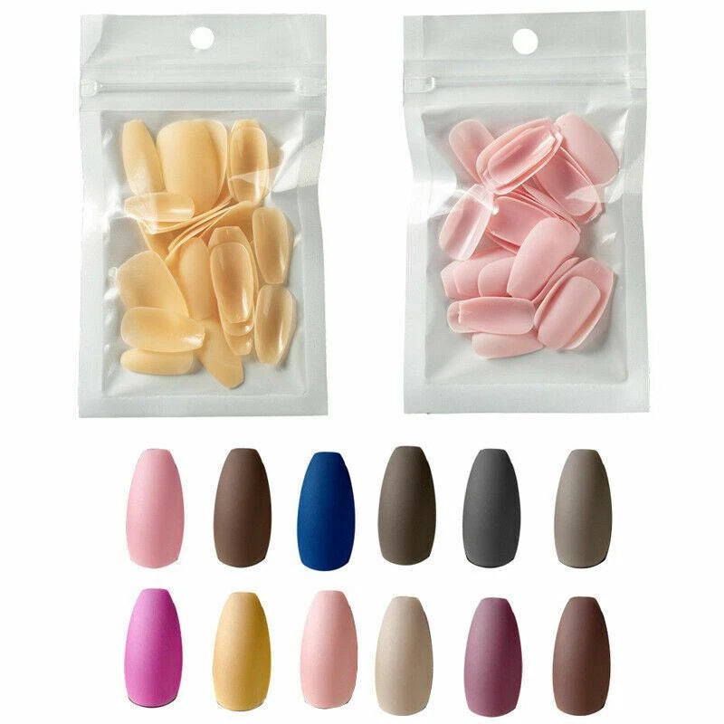 Four pink press-on nails displayed next to a clear plastic bag containing additional pink press-on nails, with the text 'LAMTSCF-04' in the top left corner, set against a dark gray textured background.