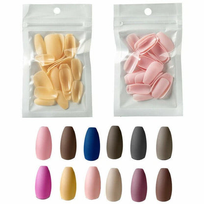 Four pink press-on nails displayed next to a clear plastic bag containing additional pink press-on nails, with the text 'LAMTSCF-04' in the top left corner, set against a dark gray textured background.