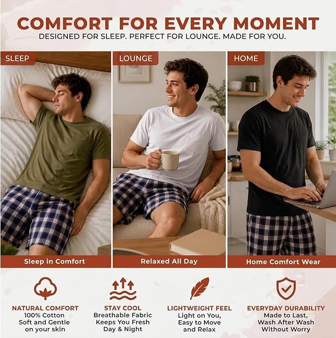 A three-panel marketing graphic showing a man wearing the same sleep shirt and plaid pajama shorts in different settings: bed, couch, and at a desk. Large text at the top reads 'COMFORT FOR EVERY MOMENT' and the bottom panel lists benefits like natural comfort, stay cool, lightweight feel, and everyday durability.