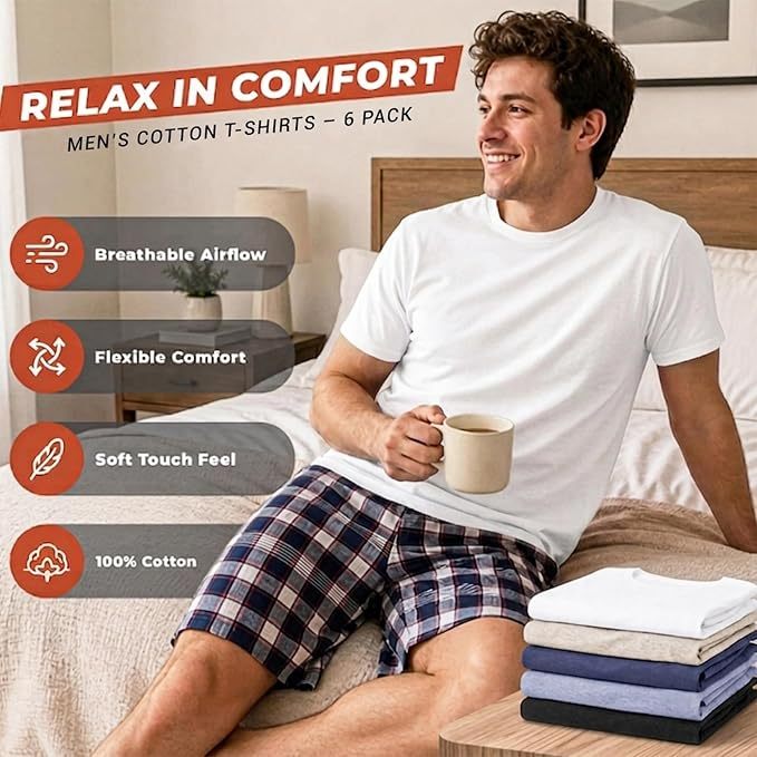 A man sits on a bed wearing a white short-sleeve cotton t-shirt and plaid pajama shorts, holding a mug. The image includes promotional text reading 'RELAX IN COMFORT' and 'MEN'S COTTON T-ShIRTS - 6 PACK' with feature callouts for breathable airflow, flexible comfort, soft touch feel, and 100% cotton.