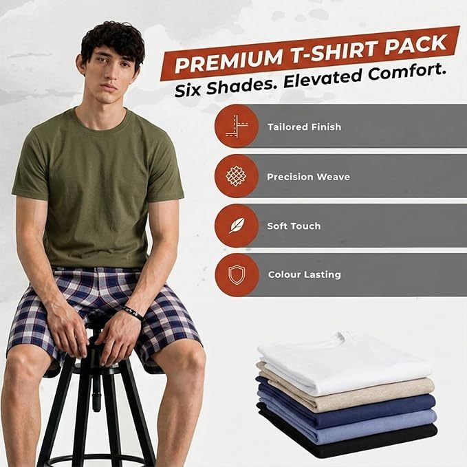 A man wearing an olive green t-shirt and blue plaid shorts sits on a black stool against a light gray background. The image features a promotional banner reading 'PREMIUM T-SHIRT PACK' and lists product features like 'Tailored Finish', 'Precision Weave', 'Soft Touch', and 'Colour Lasting'.