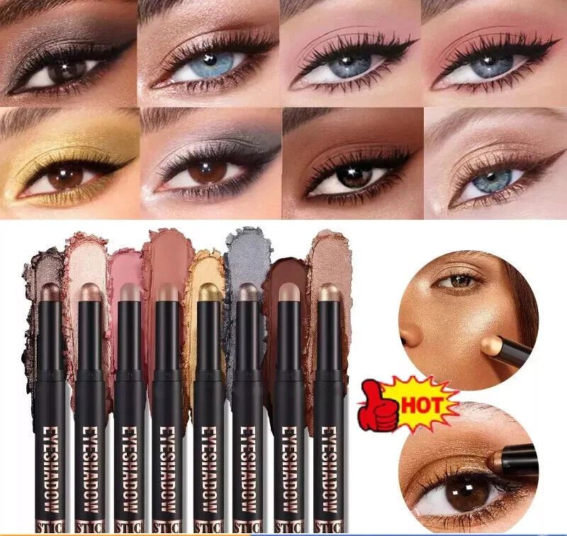 Eight eyeshadow pencils in various shades are displayed with their corresponding powder swatches behind them. The top half shows eight close-up eye makeup looks demonstrating how the eyeshadows look when applied.