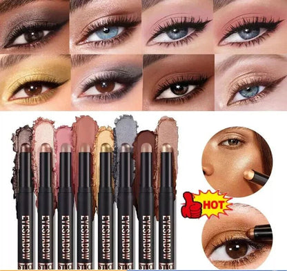 Eight eyeshadow pencils in various shades are displayed with their corresponding powder swatches behind them. The top half shows eight close-up eye makeup looks demonstrating how the eyeshadows look when applied.
