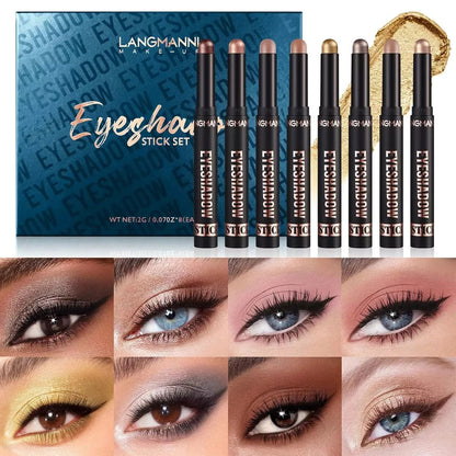 Langmanni eyeshadow stick set with packaging and application examples.