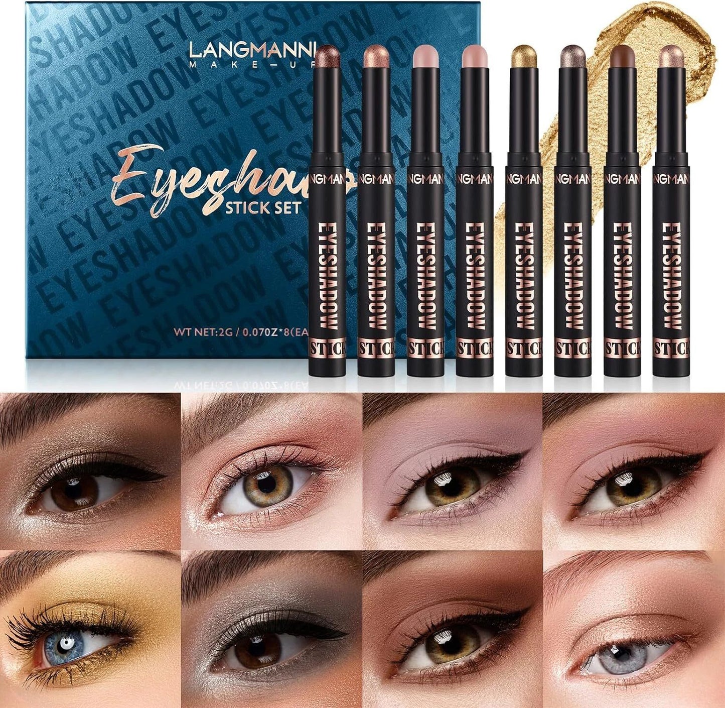 Langmanni Makeup Eyeshadow Stick Set featuring eight black cosmetic pencils with gold lettering, displayed alongside their blue patterned packaging box and a gold eyeshadow brush. Below, a grid of eight close-up eye swatches demonstrates the various eyeshadow colors and finishes.