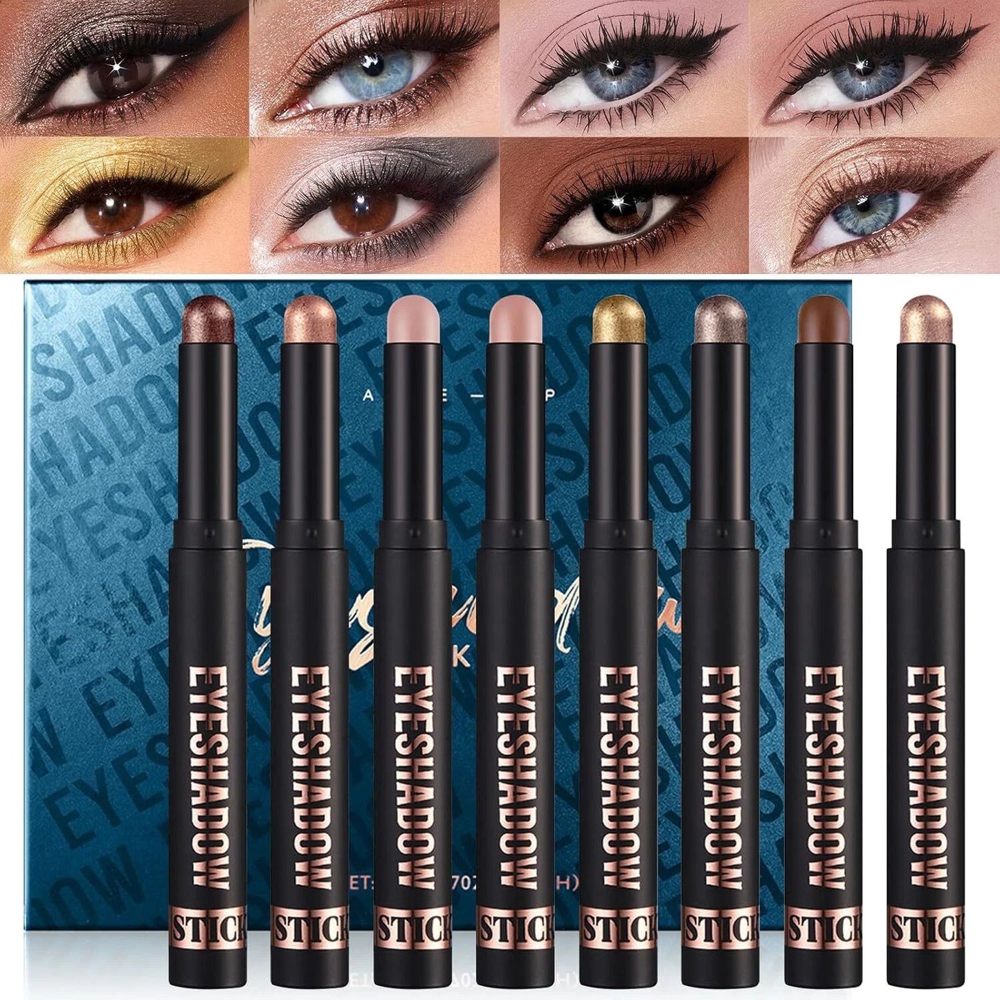Six STIC eyeshadow sticks displayed in front of their blue patterned packaging, with a grid of eight close-up eye makeup swatches across the top showing different eyeshadow looks.