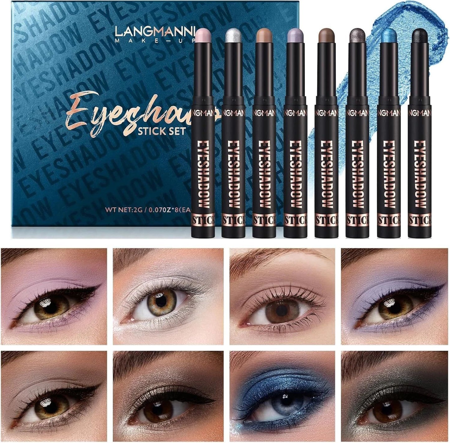 Langmanni Makeup Eyeshadow Stick Set featuring eight black cosmetic pencils with gold lettering, displayed alongside their blue patterned packaging and a grid of eight eye makeup swatches showing different eyeshadow colors.