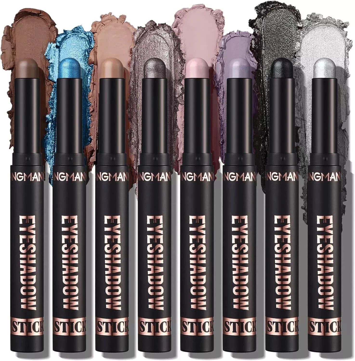 Set of eight eyeshadow sticks with swatches on a white background