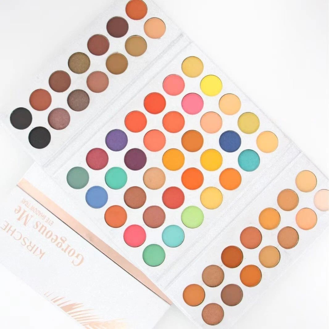 Makeup palette with colorful swatches on a white background