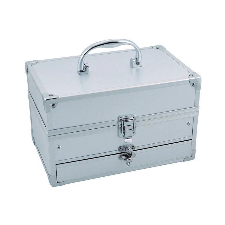 Silver metal toolbox with a handle on a white background