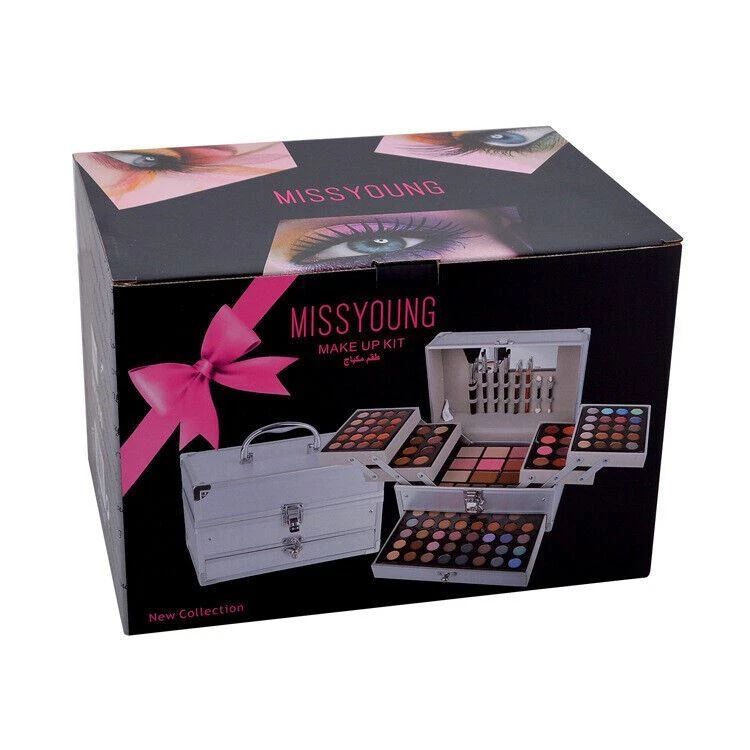 MissYoung makeup kit packaging with a black background and pink bow