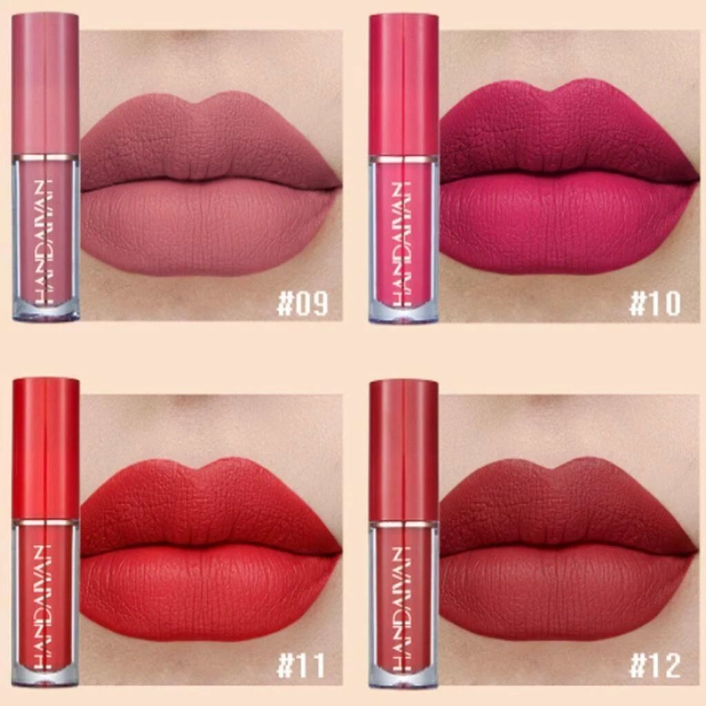 Four lipsticks shown on lips with brand name 'LANCOME' displayed.