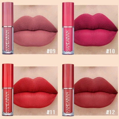 Four lipsticks shown on lips with brand name 'LANCOME' displayed.