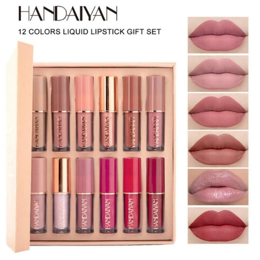 HANDAIYAN 12 colors liquid lipstick gift set with lip swatches.