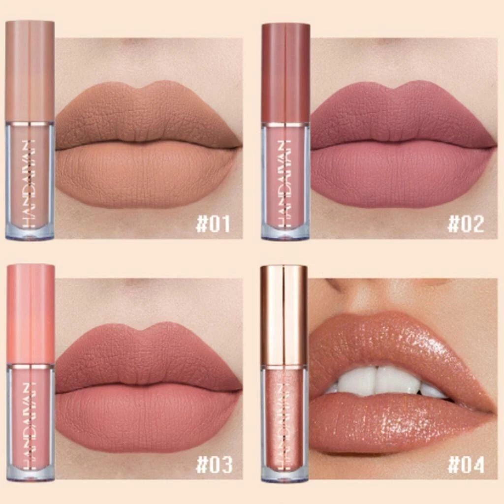 Four lipsticks shown on lips with brand name visible