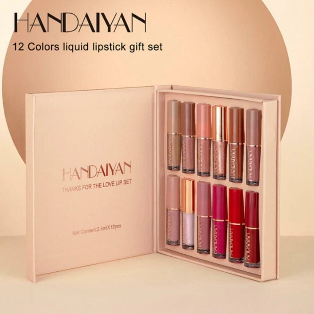 HANDAIYAN 12 colors liquid lipstick gift set with open box on a beige background