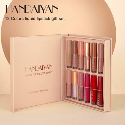 HANDAIYAN 12 colors liquid lipstick gift set with open box on a beige background