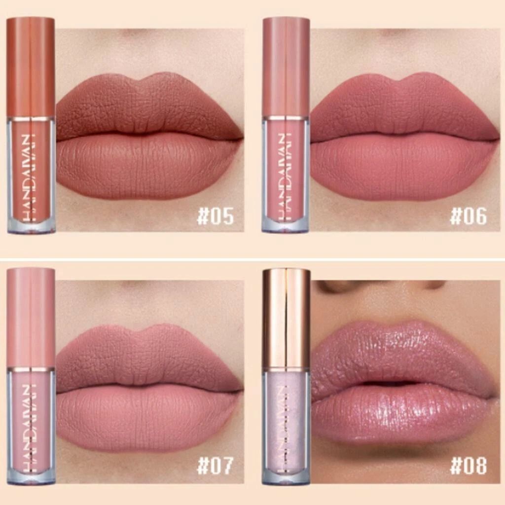 Lipstick shades #05, #06, #07, and #08 applied on lips with corresponding lipsticks displayed.