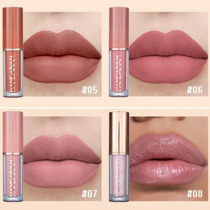 Lipstick shades #05, #06, #07, and #08 applied on lips with corresponding lipsticks displayed.
