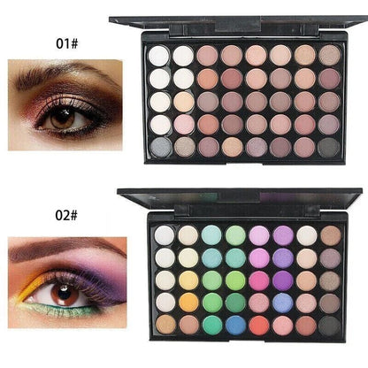 Makeup palette with color swatches on eyes, showing before and after effects.