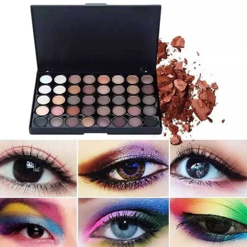 Makeup palette with eyeshadow shades, a close-up of eyeshadow, and eye makeup looks.